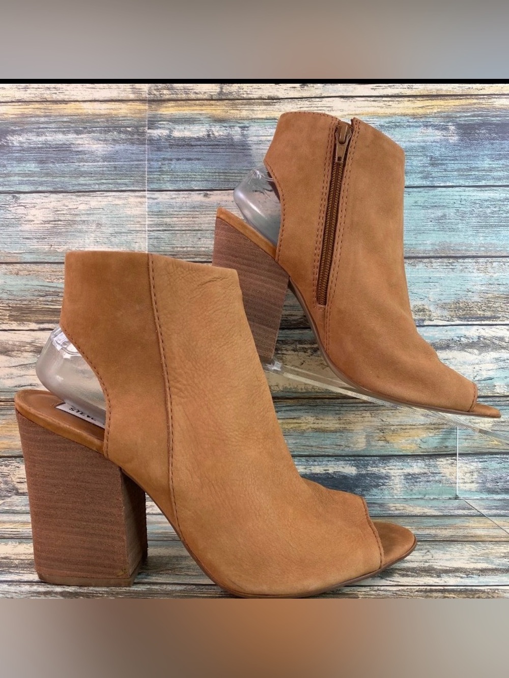 Steve Madden Tulisa Ankle Bootie Womens 10M Brown Nubuck Leather Open Toe Zip Up